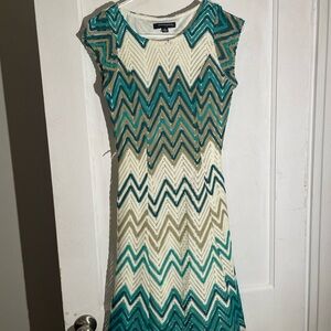 Sharagano Zigzag Midi Dress in Teal, Cream, and Tan